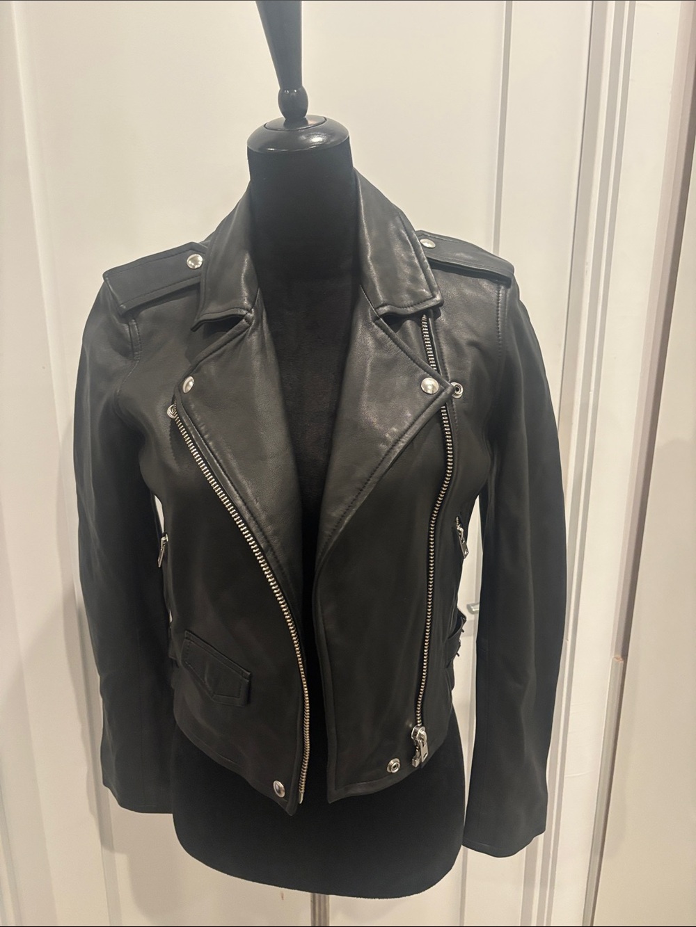 IRO Black Leather Asymmetric Biker Jacket with Silver Hardware
